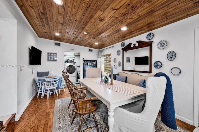 dining space featuring wooden ceiling, wood finished floors, visible vents, and recessed lighting