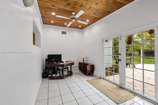 home office featuring ceiling fan, visible vents, recessed lighting, wood ceiling, and light tile patterned flooring