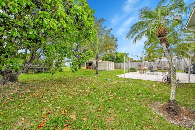 view of yard with a shed, a patio area, fence, and an outbuilding