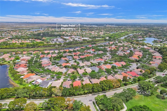 bird's eye view featuring a water view and a residential view