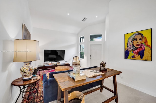 living area with visible vents, recessed lighting, baseboards, and high vaulted ceiling