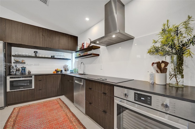 kitchen with island range hood, appliances with stainless steel finishes, open shelves, dark brown cabinets, and a sink