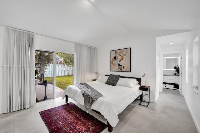 bedroom with baseboards, concrete flooring, vaulted ceiling, and access to exterior