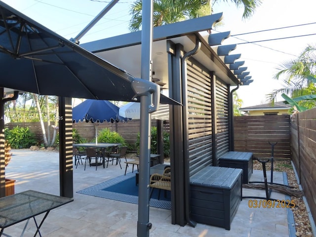 view of patio featuring a fenced backyard and outdoor dining space