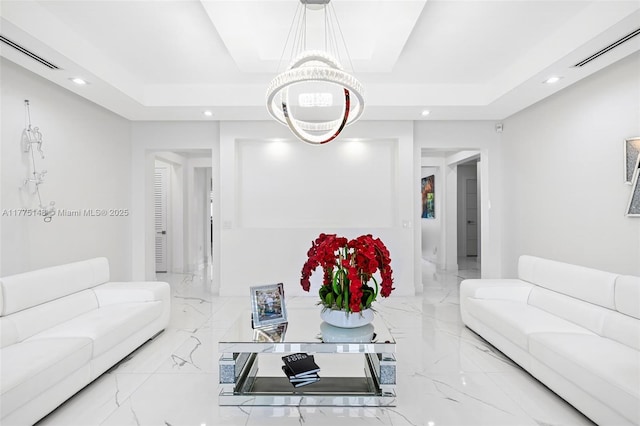 5815 SW 107th Pl, Miami, FL 33173 - living area featuring a raised ceiling, recessed lighting, and marble tiled flooring