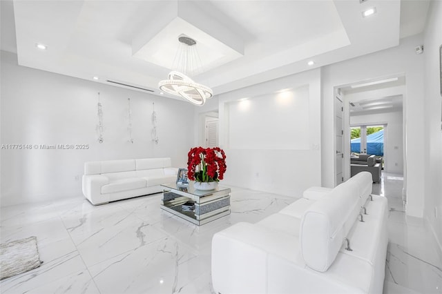5815 SW 107th Pl, Miami, FL 33173 - living room featuring marble finish flooring, recessed lighting, a chandelier, a raised ceiling, and baseboards