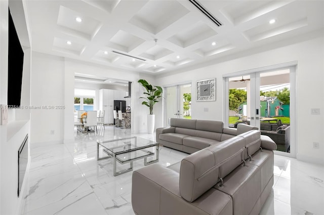5815 SW 107th Pl, Miami, FL 33173 - living room with french doors, healthy amount of natural light, baseboards, coffered ceiling, and beamed ceiling