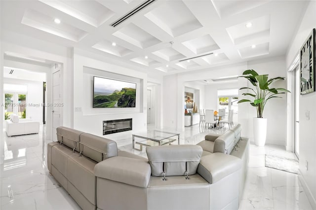 5815 SW 107th Pl, Miami, FL 33173 - living room with coffered ceiling, recessed lighting, light marble finish flooring, beam ceiling, and a glass covered fireplace