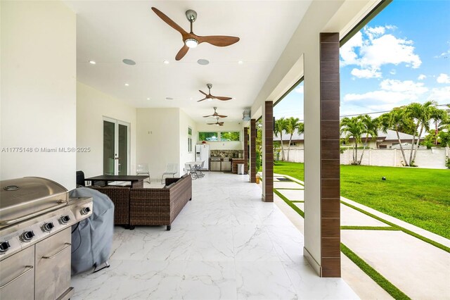 5815 SW 107th Pl, Miami, FL 33173 - view of patio / terrace featuring exterior kitchen, ceiling fan, an outdoor living space, and french doors