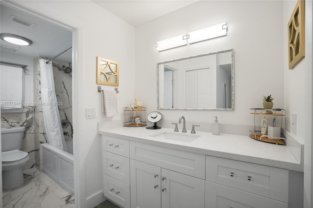 bathroom with toilet, vanity, shower / bathtub combination with curtain, marble finish floor, and visible vents