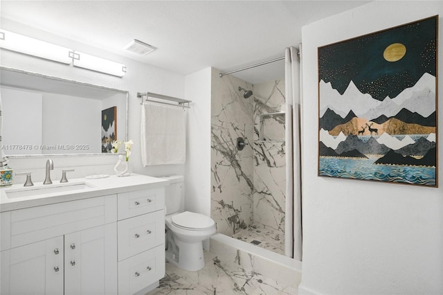 full bath featuring marble finish floor, toilet, a marble finish shower, and vanity