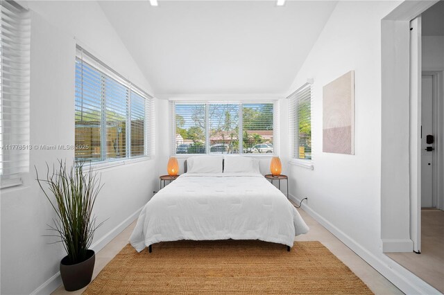 bedroom featuring baseboards and lofted ceiling