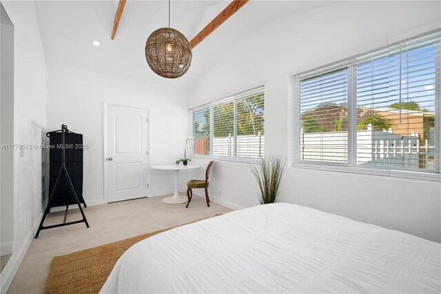 bedroom featuring lofted ceiling with beams, a notable chandelier, baseboards, and carpet floors