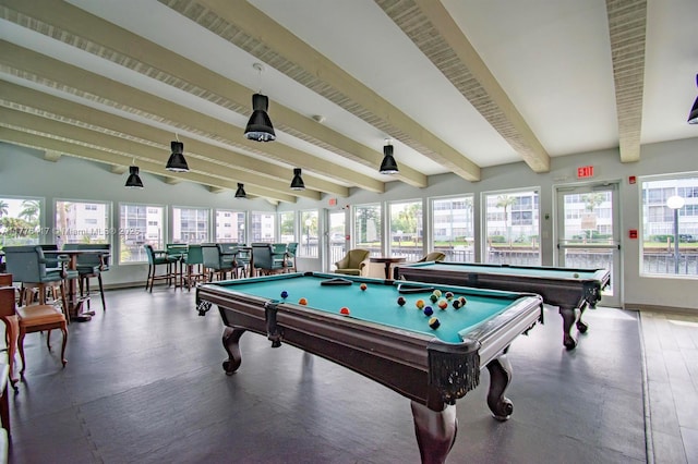 recreation room featuring a community bar, baseboards, billiards, and beam ceiling