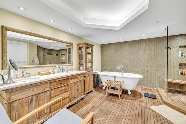 2600 E Island Blvd Unit 1704, Aventura, FL 33160 - full bathroom with a shower stall, a soaking tub, double vanity, recessed lighting, and a tray ceiling