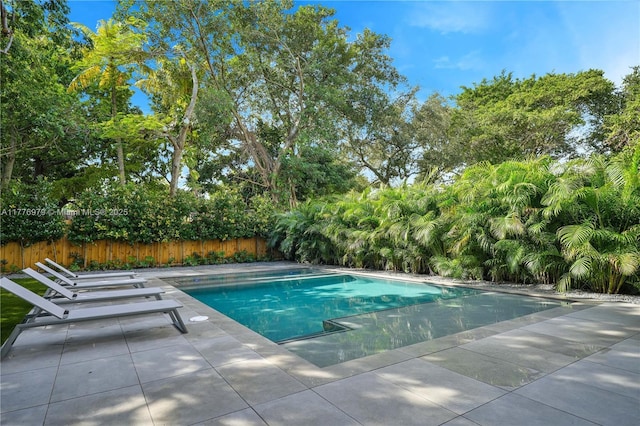 view of swimming pool featuring a fenced in pool, a patio, and fence