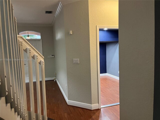 977 SW 153rd Path, Miami, FL 33194 - hall with crown molding, wood finished floors, a textured wall, and baseboards