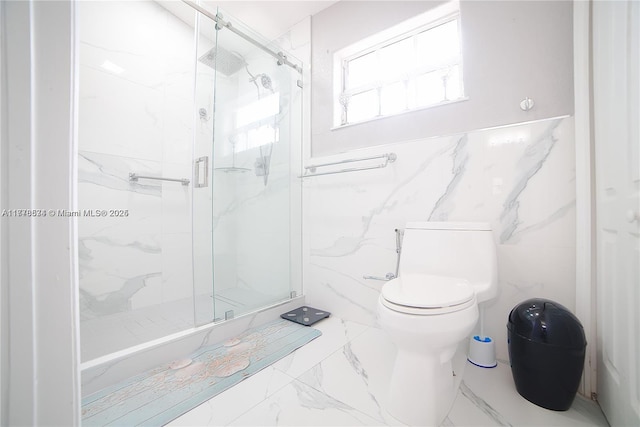 14426 NW 88th Ave, Miami Lakes, FL 33018 - full bathroom featuring marble finish floors, a marble finish shower, toilet, and tile walls