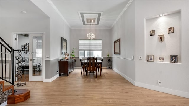 2269 Quail Roost Dr, Weston, FL 33327 - dining room featuring stairway, a chandelier, light wood finished floors, ornamental molding, and baseboards
