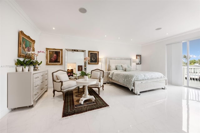 bedroom featuring crown molding, access to outside, recessed lighting, and marble finish floor