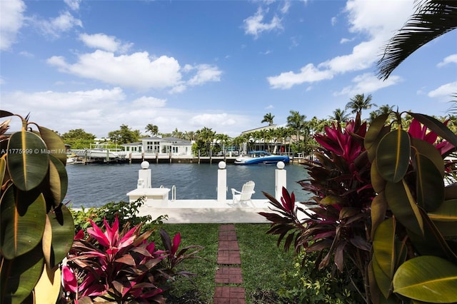 view of water feature with a boat dock