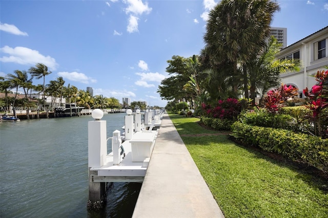 dock area with a lawn and a water view