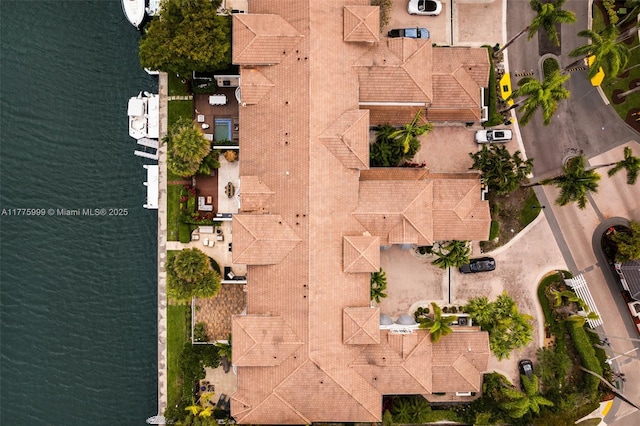 drone / aerial view featuring a water view
