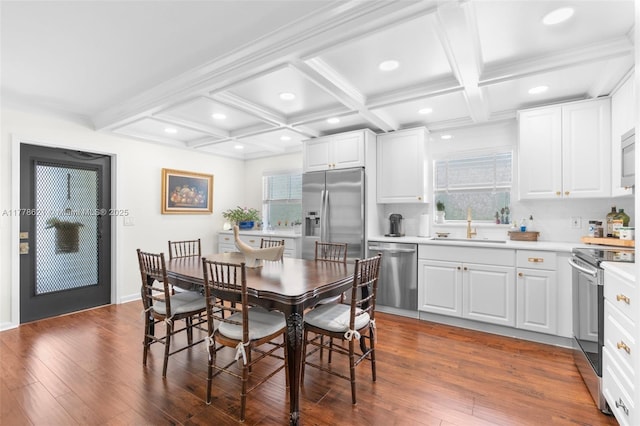 dining space featuring beamed ceiling, recessed lighting, dark wood-type flooring, and coffered ceiling