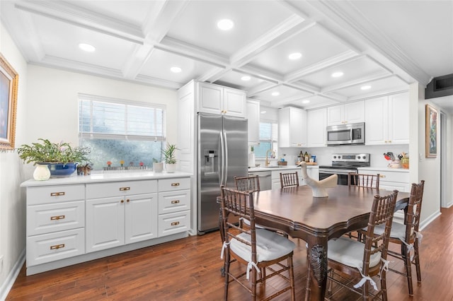 dining space with recessed lighting, dark wood-style floors, and coffered ceiling