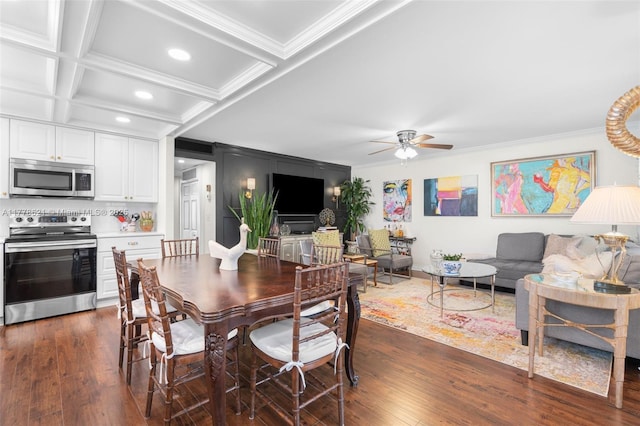 dining space with recessed lighting, a ceiling fan, dark wood-type flooring, beam ceiling, and crown molding