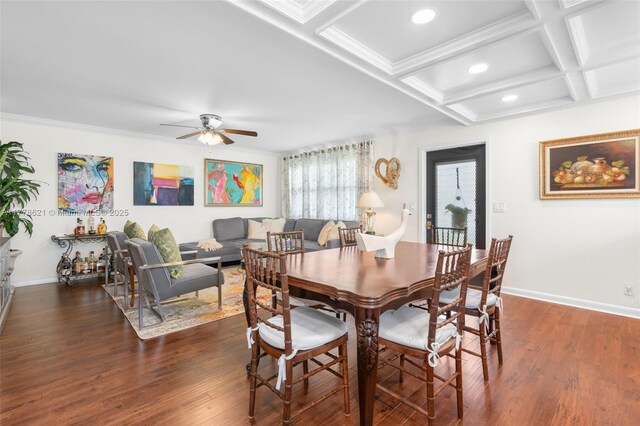 dining area with beamed ceiling, a ceiling fan, baseboards, and coffered ceiling