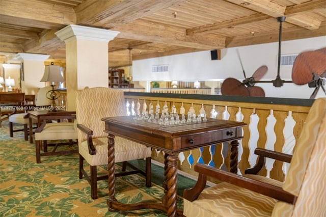 interior space with wood ceiling, visible vents, beam ceiling, and carpet floors