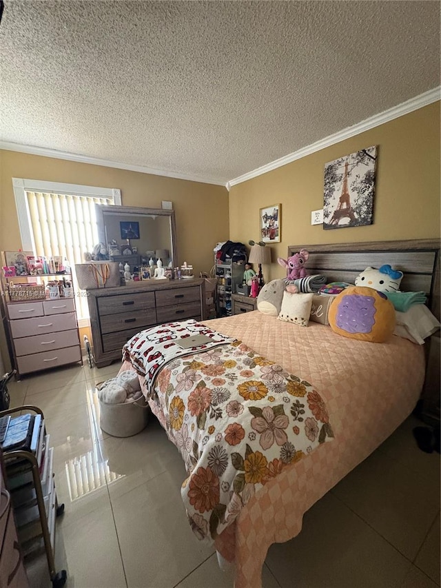 bedroom featuring a textured ceiling, crown molding, and light tile patterned flooring