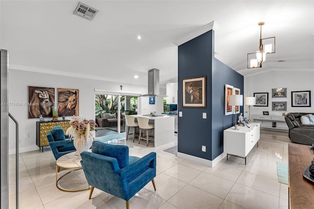 living area featuring light tile patterned floors, visible vents, crown molding, and lofted ceiling