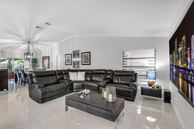 living area with crown molding, visible vents, lofted ceiling, baseboards, and a notable chandelier