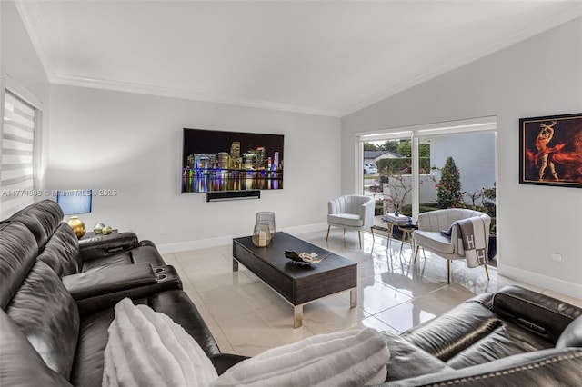 living area featuring light tile patterned floors, baseboards, crown molding, and lofted ceiling