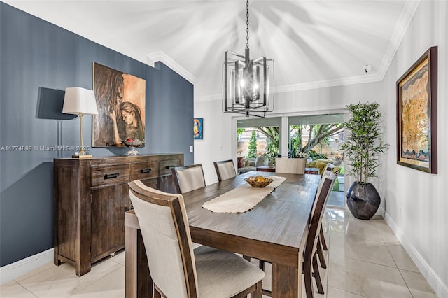 dining area featuring light tile patterned floors, a notable chandelier, baseboards, and crown molding