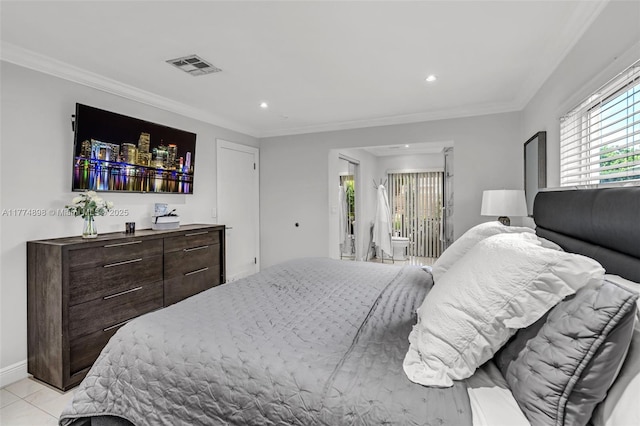 bedroom with recessed lighting, visible vents, ornamental molding, and light tile patterned flooring