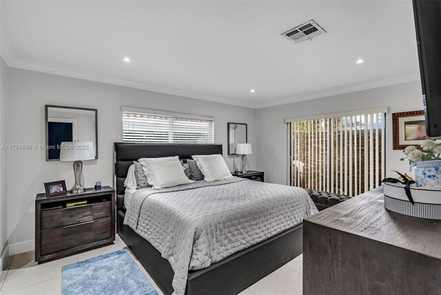 bedroom featuring crown molding, light tile patterned floors, visible vents, and recessed lighting