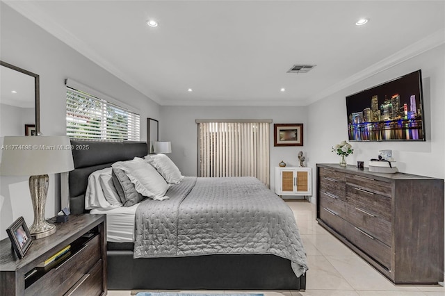 bedroom featuring recessed lighting, light tile patterned floors, visible vents, and ornamental molding
