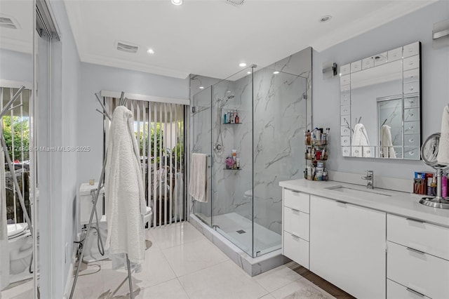 full bath featuring toilet, recessed lighting, vanity, a marble finish shower, and tile patterned floors