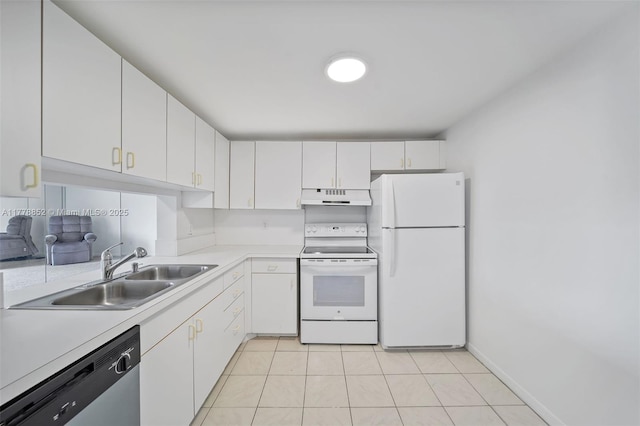 6545 Indian Creek Dr Unit 505, Miami Beach, FL 33141 - kitchen featuring white appliances, a sink, under cabinet range hood, light countertops, and white cabinetry