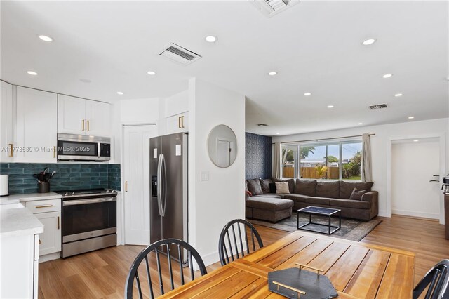 3710 NW 6th Ave, Deerfield Beach, FL 33064 - kitchen with appliances with stainless steel finishes, light countertops, open floor plan, white cabinets, and decorative backsplash