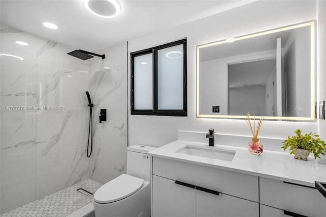 full bath with toilet, vanity, recessed lighting, and a marble finish shower