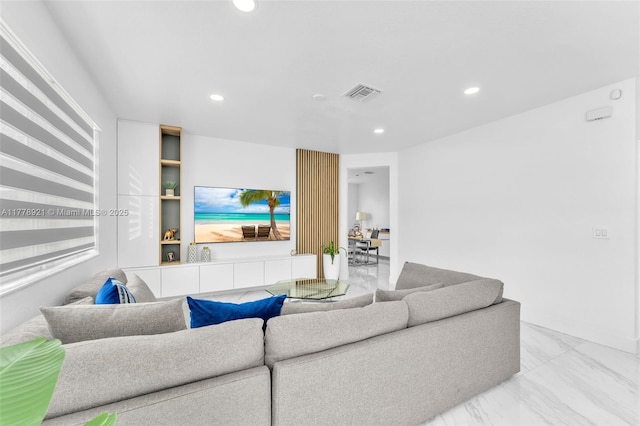 living area featuring recessed lighting, visible vents, and marble finish floor
