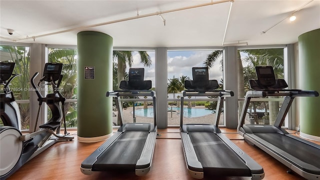 2681 N Flamingo Rd Unit 306S, Sunrise, FL 33323 - gym with track lighting, floor to ceiling windows, wood finished floors, and plenty of natural light
