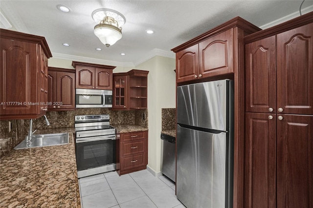 kitchen featuring tasteful backsplash, open shelves, a sink, stainless steel appliances, and light tile patterned flooring