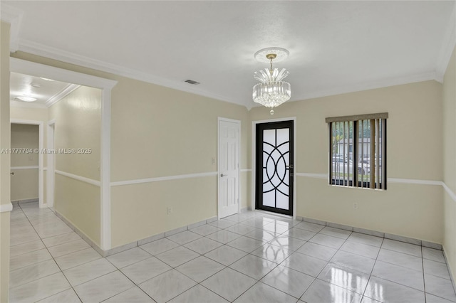 foyer featuring light tile patterned floors, baseboards, visible vents, an inviting chandelier, and crown molding