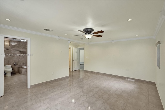 spare room with crown molding, baseboards, a ceiling fan, and visible vents