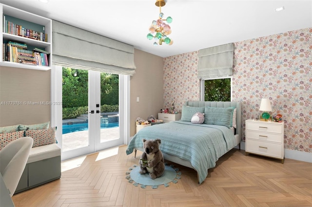 bedroom featuring french doors, access to exterior, baseboards, and wallpapered walls